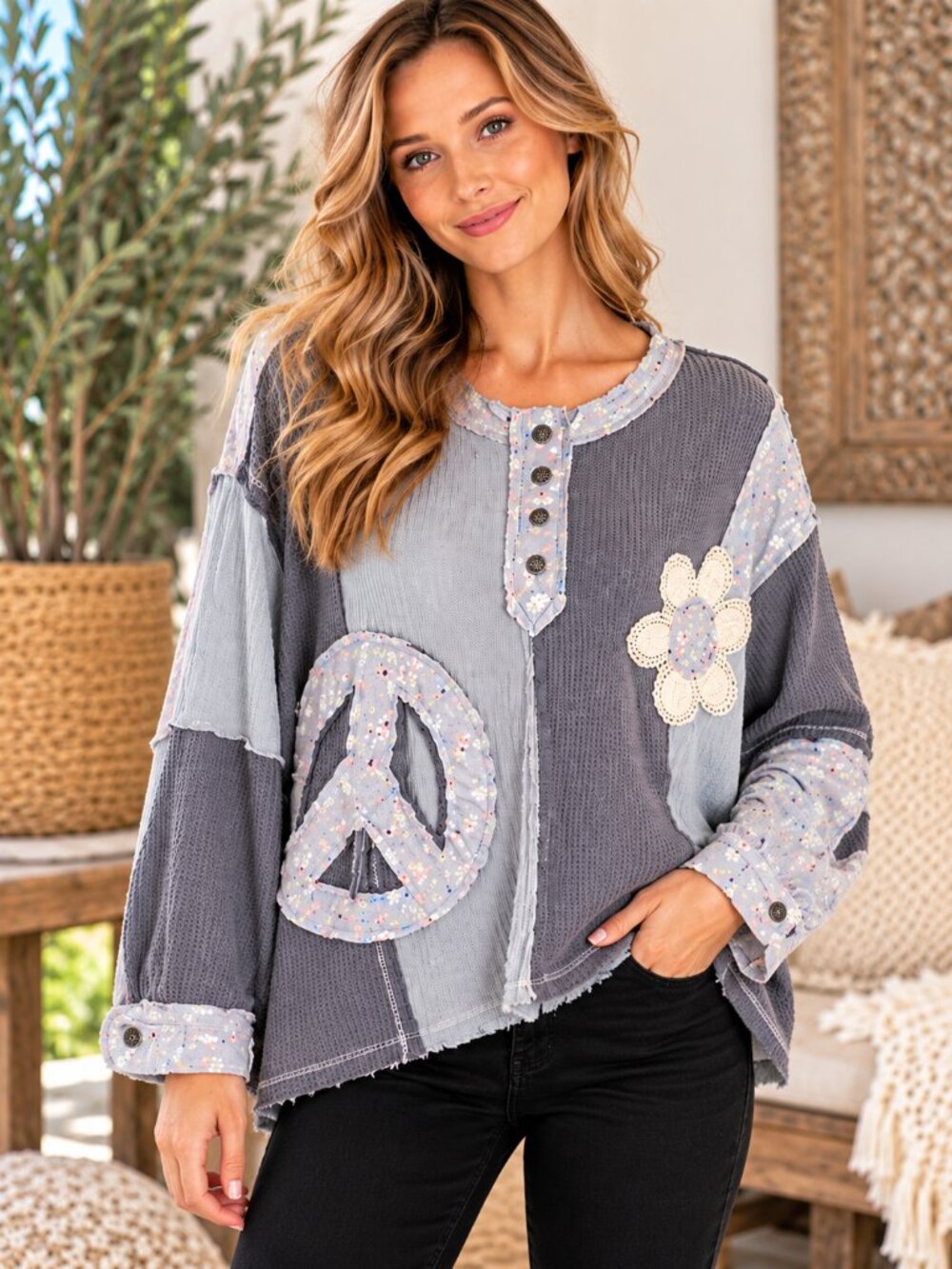 POL Patchwork Top Peace Sign Floral Applique Henley Gray Small